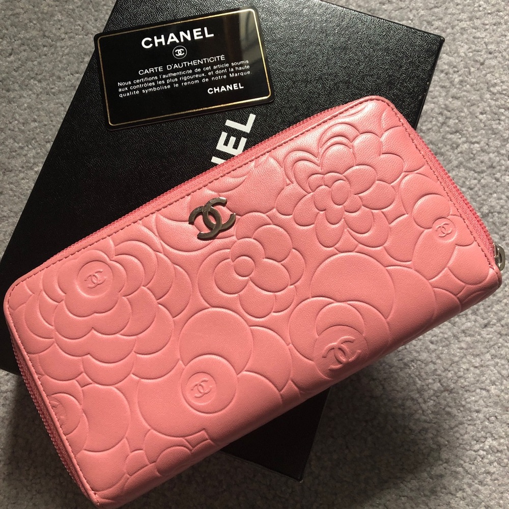 Chanel Pink Camellia Embossed Lambskin Zip-around Wallet